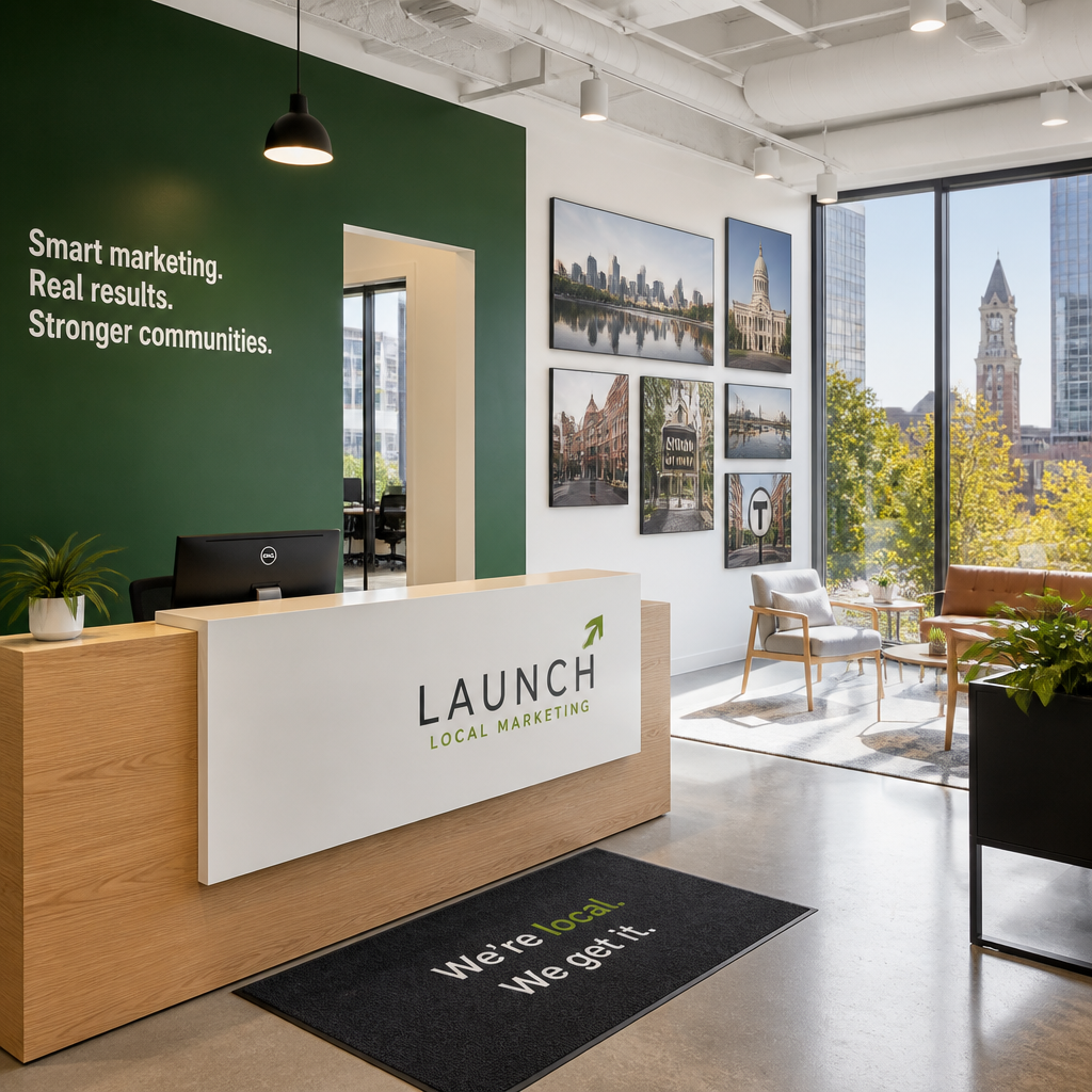 Local marketing agency office with professional reception area